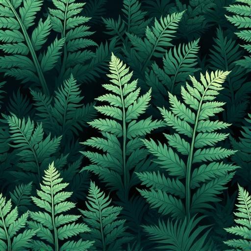 Vector pattern features lush fern leaves with intricate details and elegant shapes. Rich emerald green tones create a seamless design. Harmonious color palette with balanced light and shadow for depth. Expressive texture captures the natural splendor of ferns. Artistic arrangement provides a tranquil, flowing composition perfect for repetition.