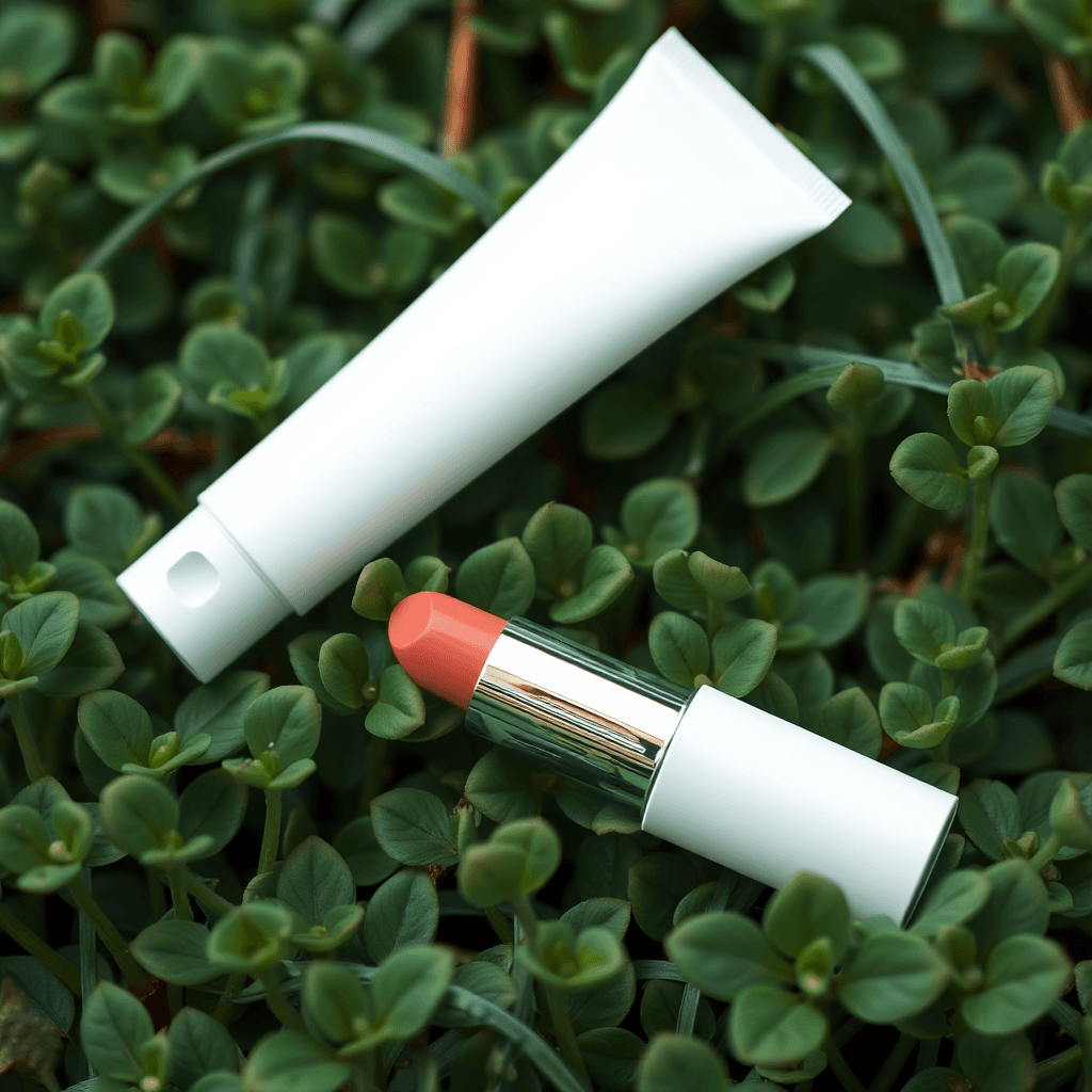 A minimalist white lipstick tube and a squeeze tube rest on lush green clover leaves, blending beauty with nature.