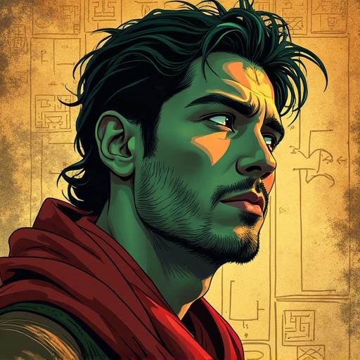 Anime-style digital illustration featuring a man with ash-green skin, Soft warm lighting, Bold ink outlines, Dramatic shadows enhance the composition, Textures create a realistic style, Background has ancient papyrus with mystical runes.