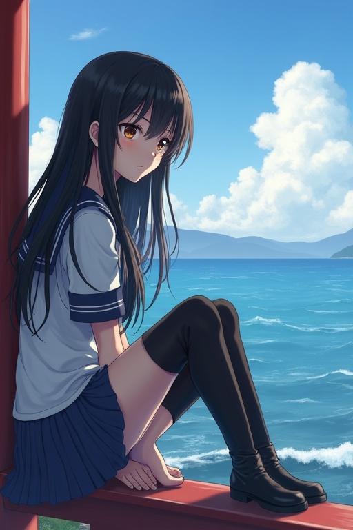 Young woman with long black hair and bright brown eyes wears a sailor uniform and sits by the sea. She gazes wistfully towards the horizon. The scene is set in a tranquil atmosphere at a Japanese temple with a beautiful ocean background.