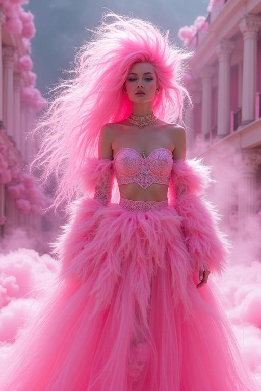 Cotton candy futuristic avant garde couture fashion. Model in vibrant pink attire. Merging anime aesthetics with alternate dimension style. Portraying luxury and opulence. Setting suggests a galactic theme with streetwear influences. Visuals striking and vividly bright, creating an intoxicating atmosphere.