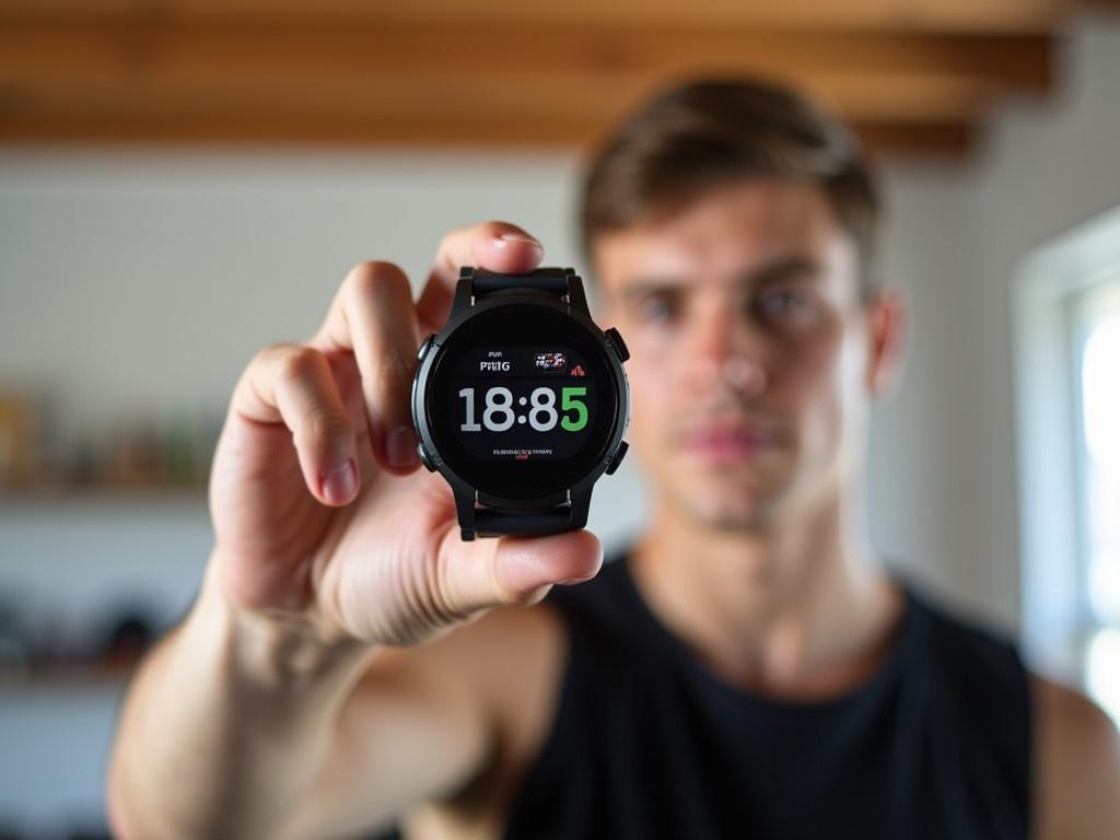 The image features a person holding a digital sports watch up to the camera. The individual is wearing a sleeveless black shirt and has short hair. Behind them is a room with light-colored walls and wooden beams on the ceiling. There is a shelf visible, likely containing various items. The watch displays fitness metrics, including time and possibly heart rate or other activity data.