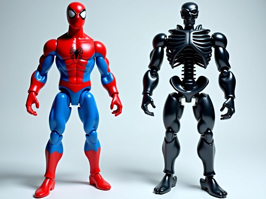 The image features two action figures side by side. On the left is a superhero figure resembling Spider-Man, characterized by a bright red and blue costume with a spider emblem on its chest. The figure is posed in a dynamic stance, showcasing its muscular build and iconic web-shooter hands. On the right, there is a robot figure that represents a humanoid skeleton made of shiny black metallic parts. It stands tall with its arms slightly outstretched, emphasizing its intricate inner mechanics and skeletal structure. The background is plain and light-colored, which highlights both figures effectively.