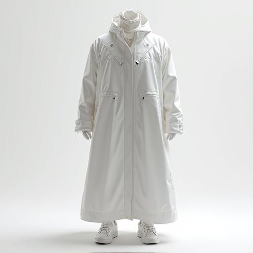 Concept design of a long white coat for digital artists. The coat features a hood and modern silhouettes. Made from sleek, minimal materials. Designed for a contemporary look.