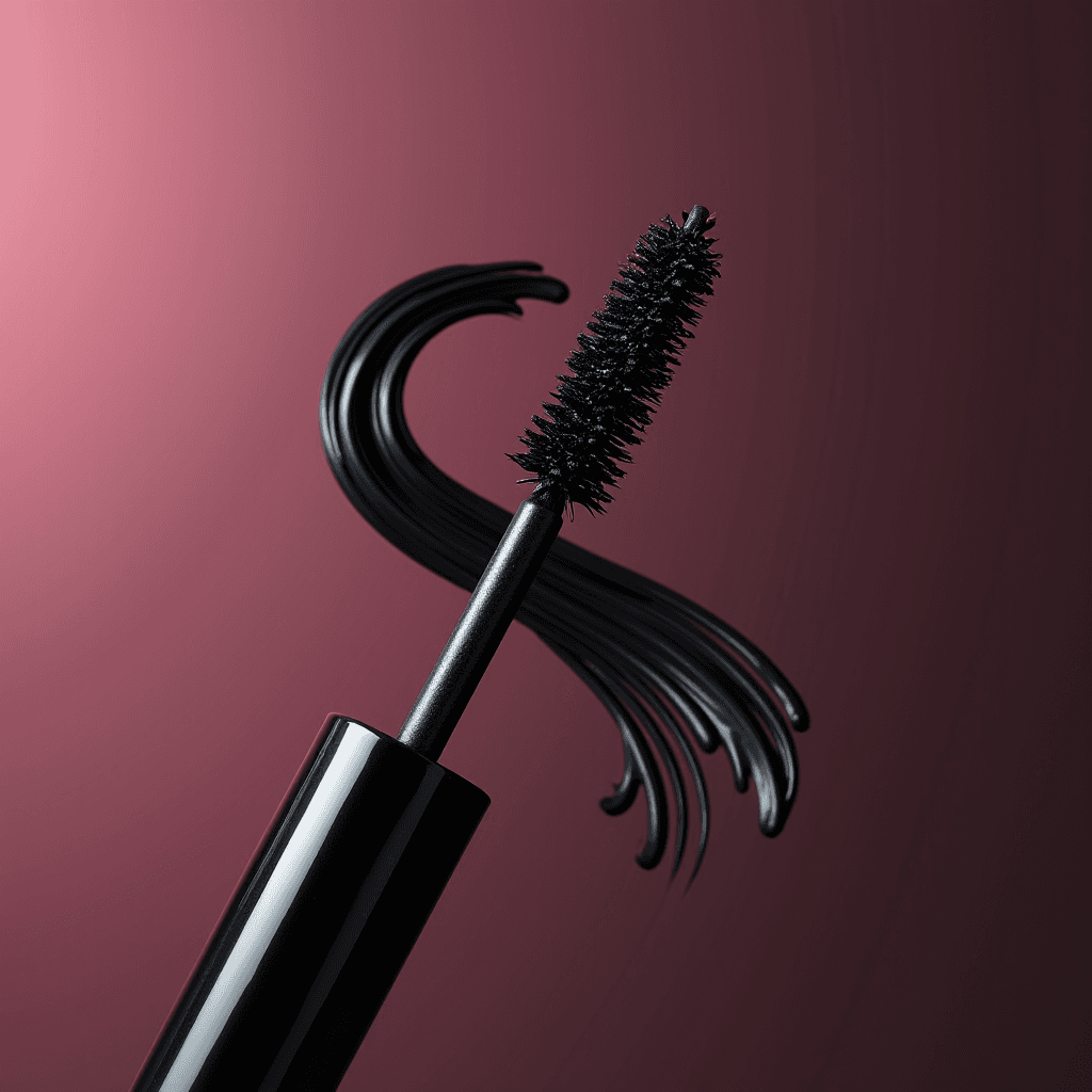 A dramatic close-up of a mascara wand with swirling black mascara on a dark red background.