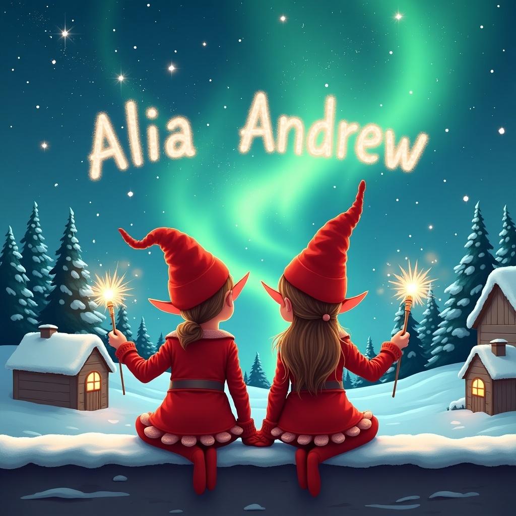 Two elves with pointed hats sit on a ledge. They wear red outfits and hold sparkling wands. Background features snow-covered small houses, evergreen trees, and vibrant Northern Lights. Scene evokes Christmas cheer and childhood wonder. Elves write names 'Alia' and 'Andrew' in the sky.