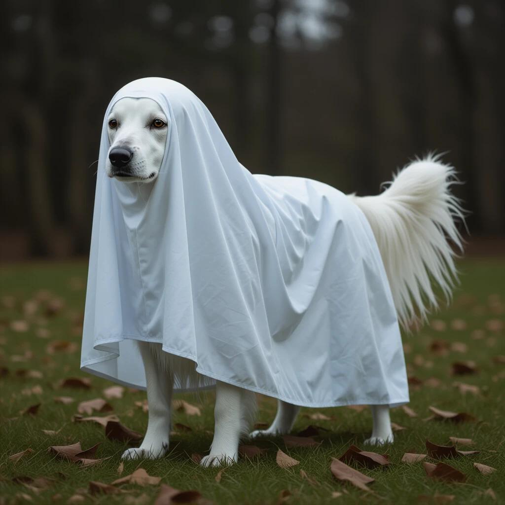 A realistic dog dressed as a ghost featuring a white sheet covering its body. The dog stands outdoors on green grass surrounded by fallen leaves. Trees are blurred in the background, creating a mysterious atmosphere.
