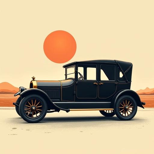 Image shows a closed automobile from the 1910s resembling a sedan or doctor's coupe. Vehicle appears robust and functional. Details like door hinges steps and roof texture are well depicted. Background is minimalist suggesting ground and distant horizon focusing attention on the car. Style is a carefully crafted technical illustration.