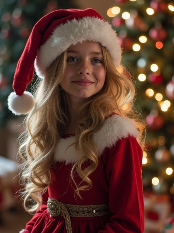 A young girl wearing a Santa hat and red dress stands in front of a decorated Christmas tree. She has long blonde hair and a cheerful expression. The background is blurred, showcasing colorful ornaments and lights on the tree.