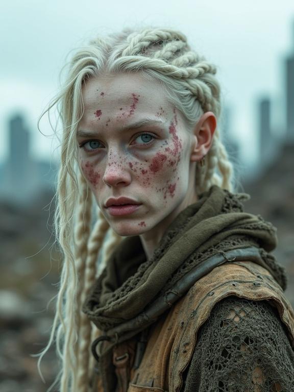 Highly detailed close-up portrait of a tall albino huntress. Pale translucent skin with mud camouflage. Long white hair in dreadlocks. Sharp wary eyes, one bloodshot. Tribal tattoos on face and arms. Cold expression. Wears mismatched leathers and torn canvas. Shredded camo net cloak. Post-apocalyptic skyline in the background. Moody overcast sky. Captured in ultra-sharp focus with shallow depth of field.