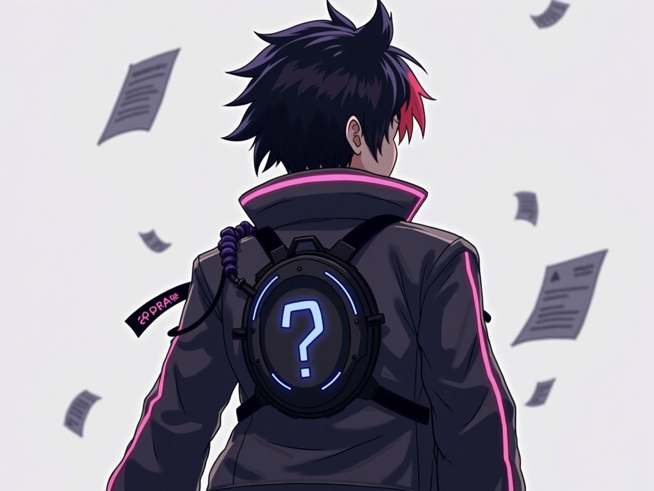 The character is depicted from the back, showcasing their detailed outfit. They wear a futuristic jacket with glowing accents, and their hair has a unique two-tone color. The focus is on the character's silhouetted profile against a simple background. Small elements like floating papers and a tech accessory connected to their jacket add a dynamic touch. The overall mood suggests a young, adventurous spirit.