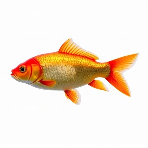 A carp fish with vibrant orange and yellow colors swimming against a white background.