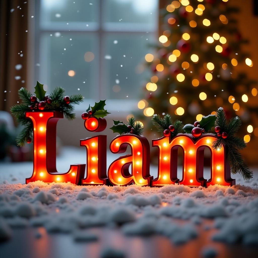 Name displayed is Liam with Christmas decorations. Letters illuminated with lights. Holly and berries included in design. Background shows Christmas tree with lights. Snow-like texture on the surface.