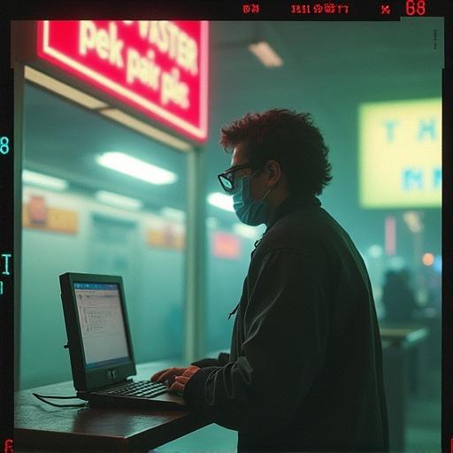 Highly stylized semi-blurry interpretation of a person at a computer. The setting invokes an 80's CCTV glitch aesthetic. The person wears glasses and a mask, creating a moody atmosphere.