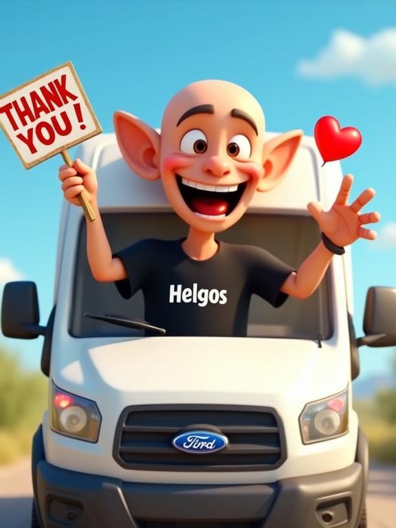 A cartoon-style character with a skinny face and big ears sits in a white Ford van. The character wears a black t-shirt with 'Helgos' printed on it. He holds a sign reading 'THANK YOU!' and waves happily. Heart emojis are sent towards the camera. The van also has 'Helgos' in blue on the side. It's a sunny day with a blue sky and a playful vibe.