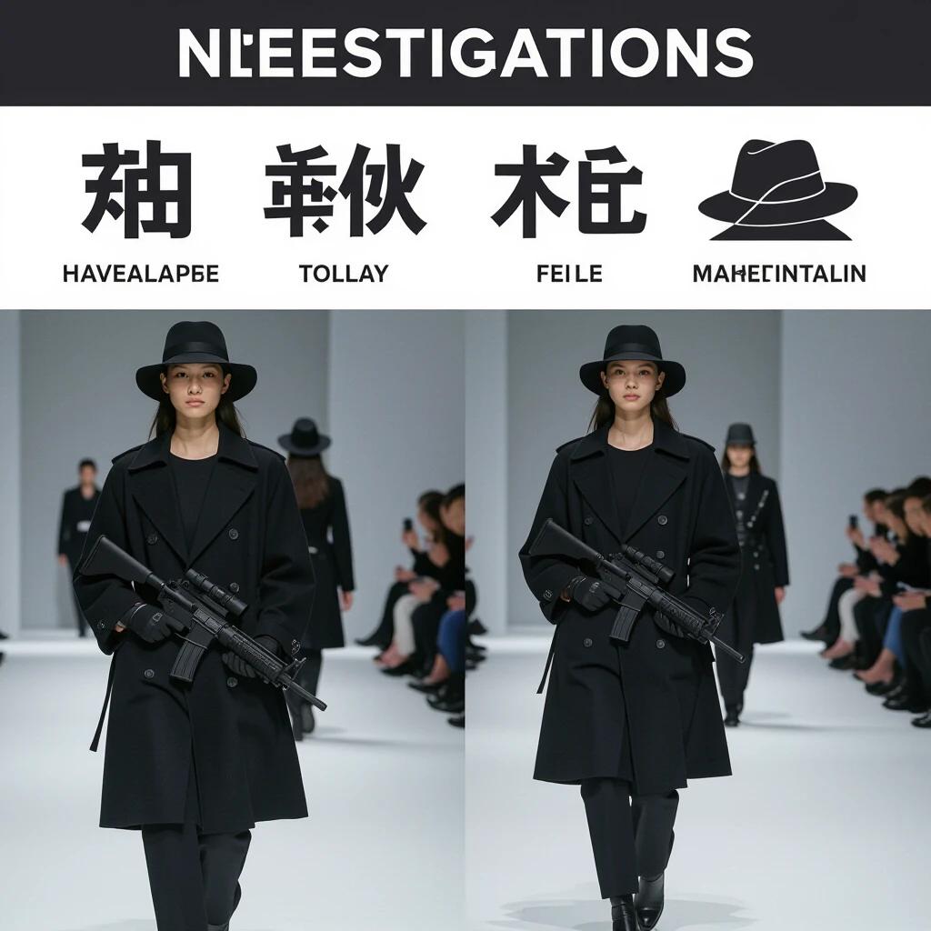 Black investigation coat worn slightly. Model has medium long black hair. Gray hat enhances overall look. Tactical clothing is featured prominently. Model poses confidently on runway.
