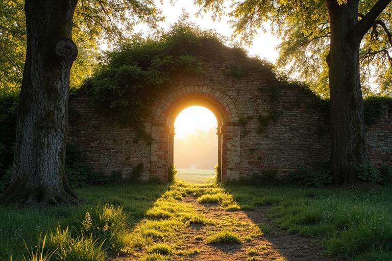 Ruined wall with a small Romanesque arched window. Wall is covered in vines and moss. Two large box trees flank the sides. Evening sunlight creates a warm glow on the wall and tree tops. Sparse ground vegetation can be seen. No gate is present.