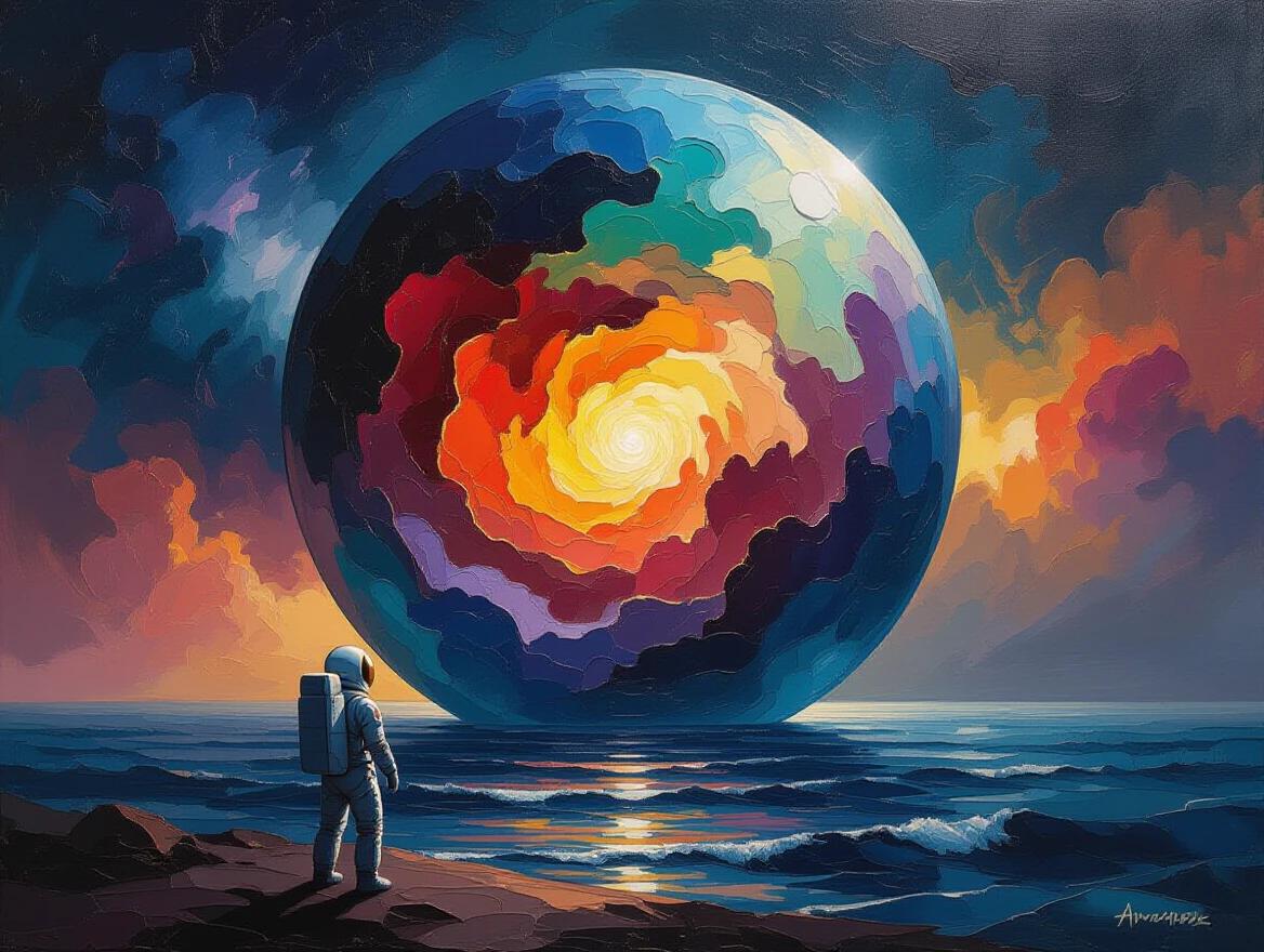 An astronaut stands amazed in front of a huge sphere on the cosmic ocean. The sphere has a swirly colorful surface like oil paint. It reflects the cosmos with rich hues. Soft light swirls inside it and projects volumetric rays of color.
