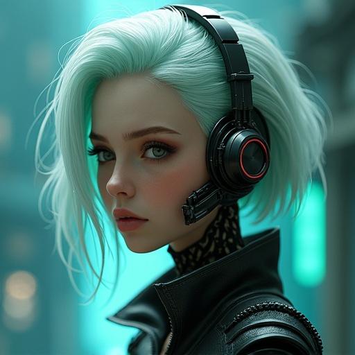 Character inspired by cyberpunk style. Features futuristic clothing and pronounced traits. Displays innocence and seduction. Light skin with natural blush. Soft lighting with blurred background. Sky-blue hair.