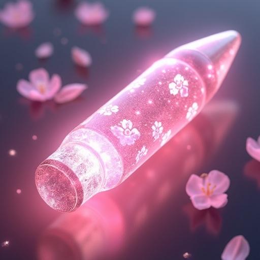 Close-up of a beautifully crafted magical bullet with pink and white energy. Intricate cherry blossom patterns on the surface. Crystalline texture and elegant design. Bullet floating in mid-air with sakura petals around it. Soft ambient lighting in semi-realistic anime style.