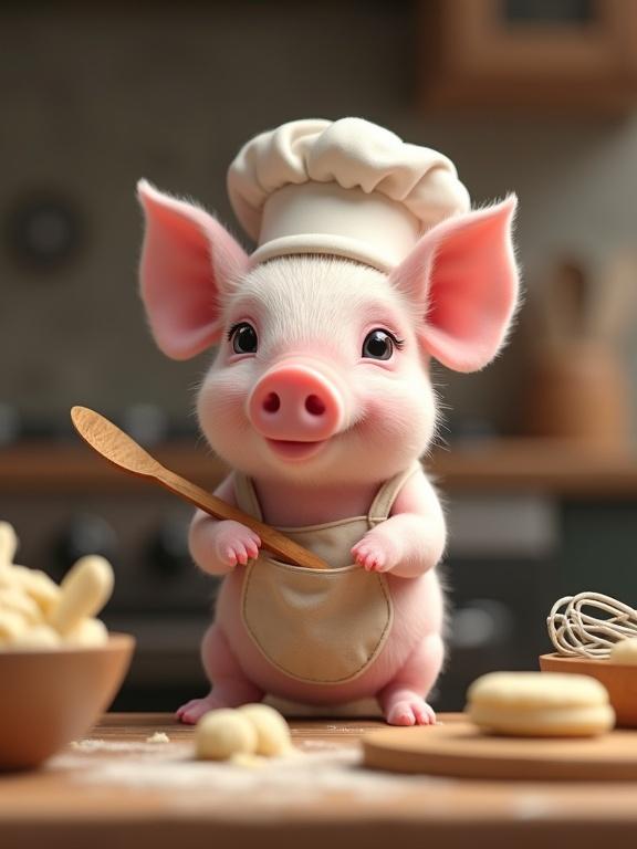 A baby piglet stands on hind legs in a cozy kitchen. Piglet wears a white chef hat and an apron. It holds a wooden spoon with a happy expression. Soft background with kitchen utensils like dough and cookies. Realistic lighting and textures.