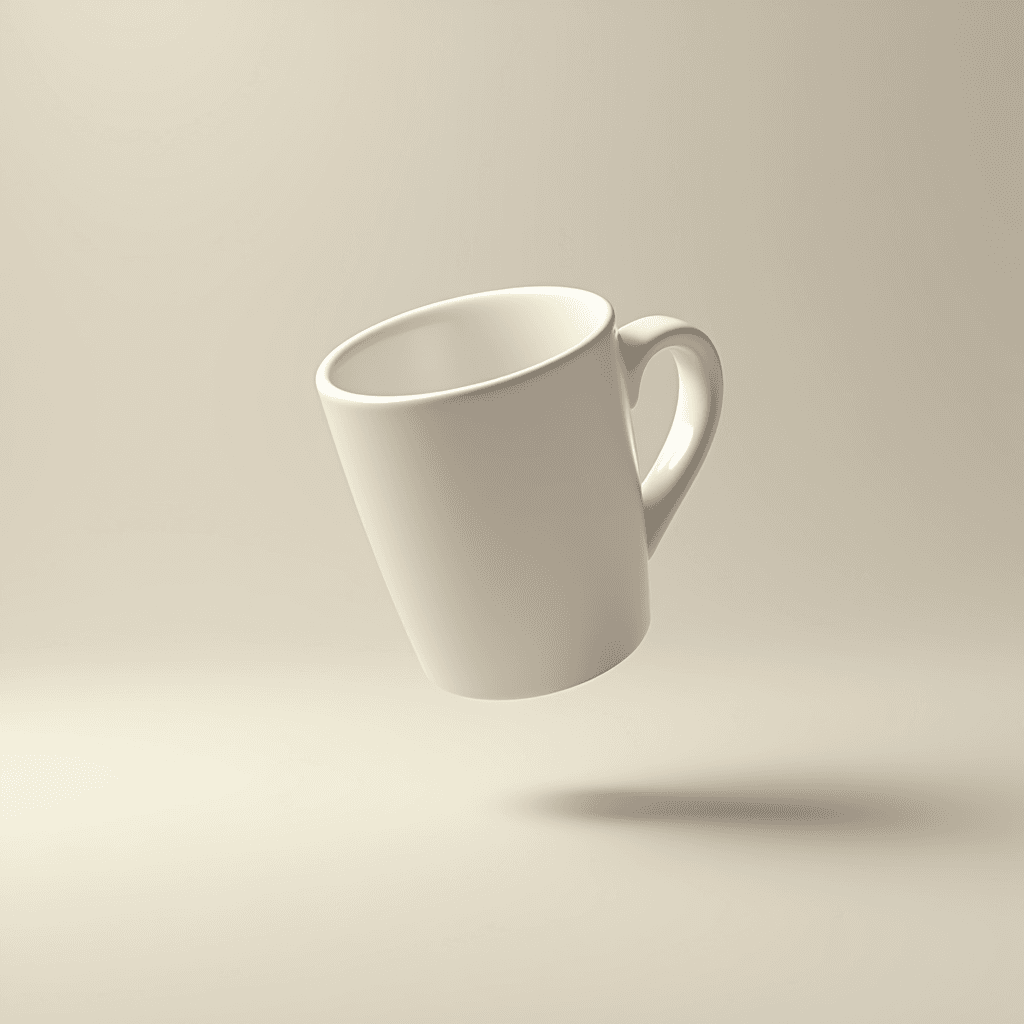 A white mug is seemingly floating above a neutral, light background.