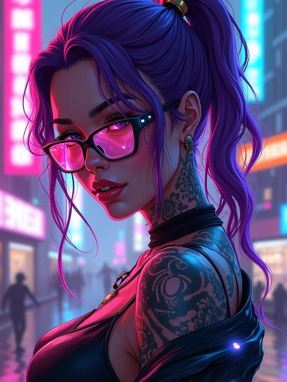 Cyberpunk Diva, futuristic illustration featuring a confident female hacker. Vibrant purple hair and glowing tattoos, wearing high-tech glasses, smirking. Vibrant neon cityscape in the background with reflections.