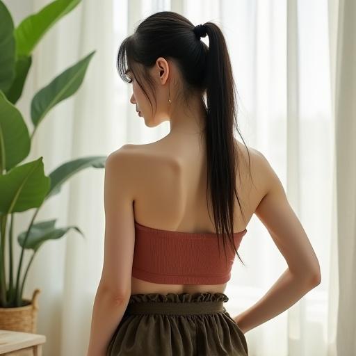 Asian girl wearing a ponytail. She is dressed in a tube top and a skirt. The background has green plants.