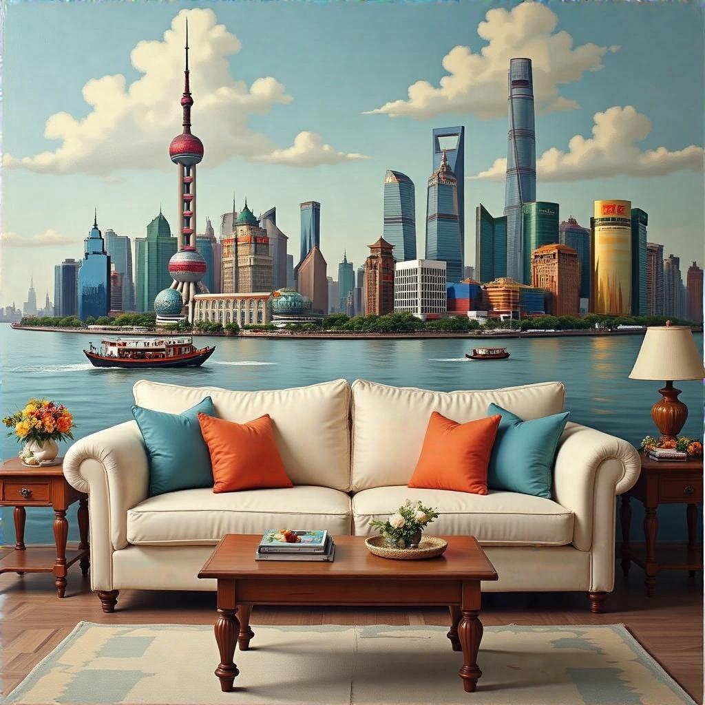Shanghai cityscape in oil painting style. Sofa replaced with a beer cart. Features vibrant skyline and cozy living space.