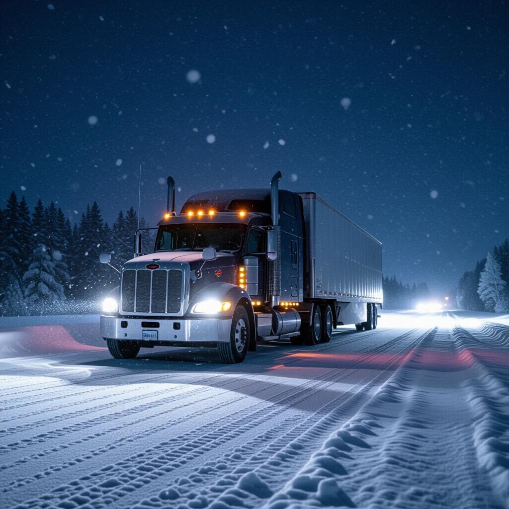 A Peterbilt truck drives on a snow-covered road at night. Heavy snow falls from the sky. The road is illuminated by the truck's headlights.