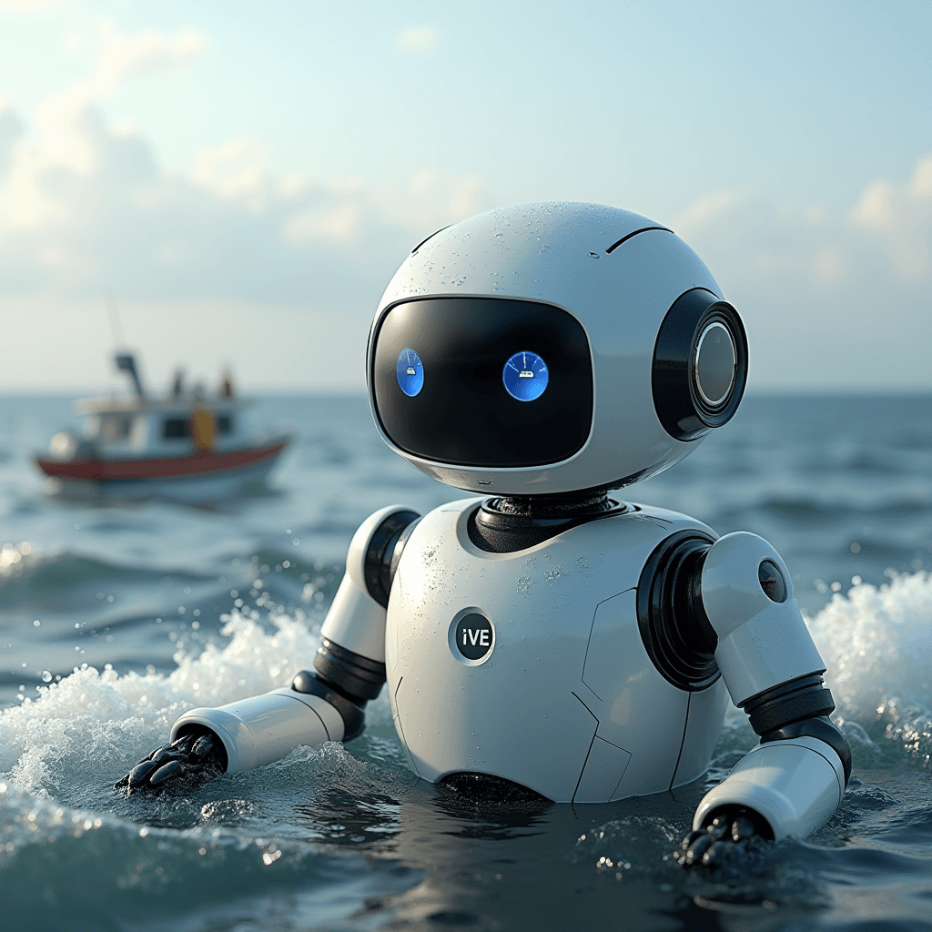 A small robot with blue eyes appears to float on the sea, with a boat in the background.