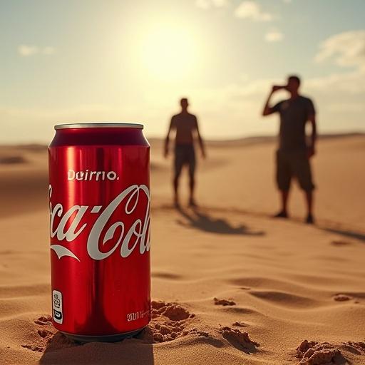 Coca-Cola can situated in desert landscape. Two people in background appear exhausted. One person drinks from the can. Bright sunlight casts a warm glow on the scene.