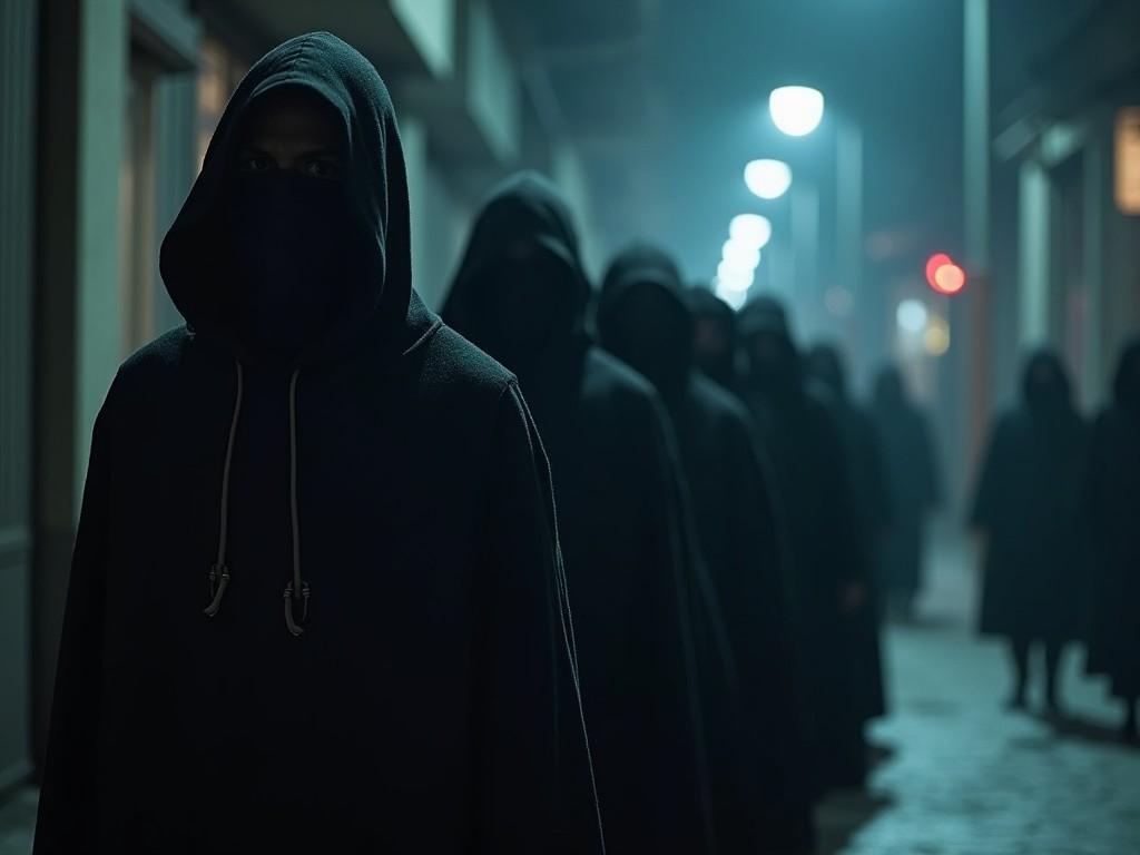 The image depicts a line of hooded individuals standing in a dimly lit street during nighttime. The scene is shrouded in shadow, with overhead lamps casting a cold light that enhances the sense of mystery and suspense. The figures, draped in dark cloaks, convey an atmosphere of uncertainty and anticipation. The leading figure stands prominently in the foreground, while others extend into the distance. This arrangement adds to the feeling of unease, inviting viewers to contemplate the story behind the scene.