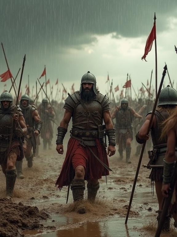 A battlefield scene with Israelite foot soldiers and Canaanite warriors. Barak as the commander is in the front, wearing leather armor. Heavy rain falls creating mud on the battlefield. Canaanite chariots are stuck in the mud. Tension and divine intervention are palpable.