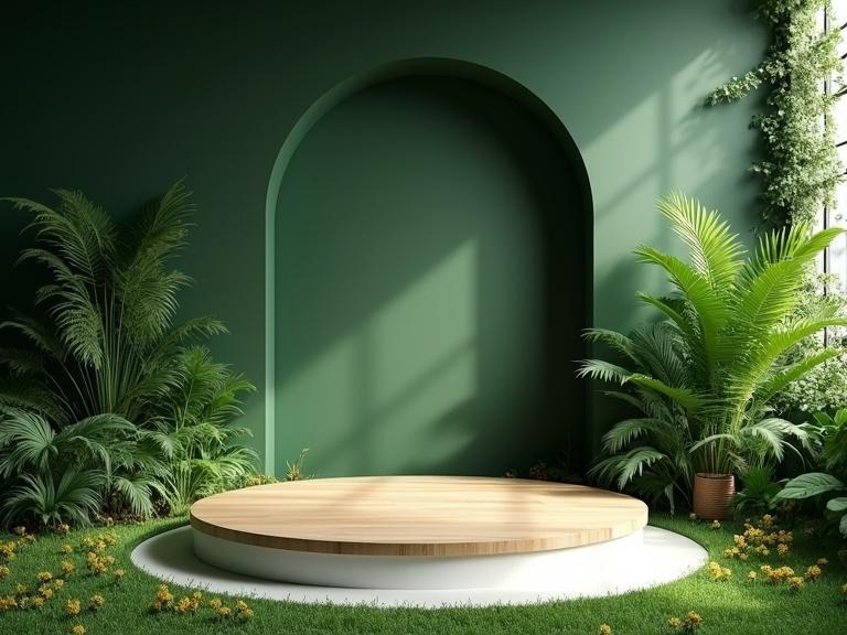 Create serene indoor scene with modern minimalist aesthetic. Background has dark green wall and arched cutout. In front, lush tropical garden with ferns palms and broad-leafed foliage on grassy base with yellow wildflowers. Center has circular wooden platform with light wood top and white base elevated above grass. Soft natural lighting with sunlight streaming in from right casting gentle shadows on green wall.