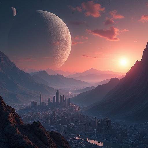 Generate an image of a futuristic galactic city on a planet with two moons in a mountainous horizon.