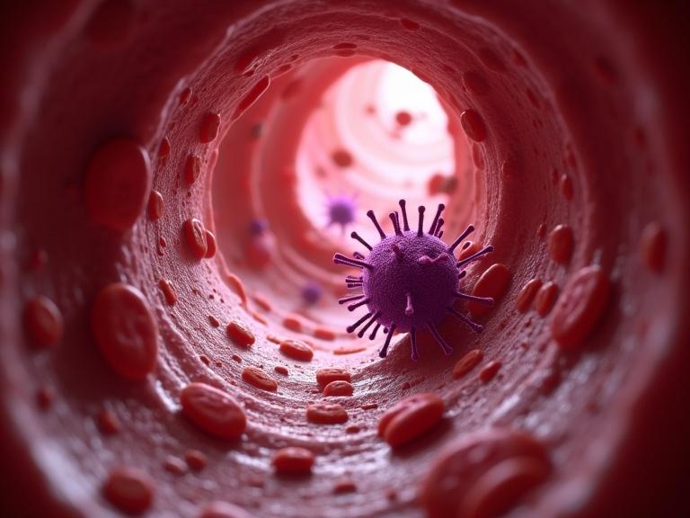 3D medical rendering visualization inside a human artery. Vivid red and white blood cells present. Purple spiky cancer cells floating in the bloodstream. Presence of platelets and plasma particles. The image provides a tunnel perspective view into the artery with depth of field effects. Photorealistic details emphasize biological structures.
