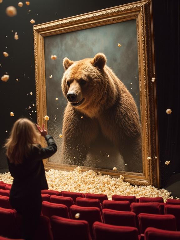 Image of a grizzly bear emerging from a large framed portrait in a movie theater. Theater seats in front and popcorn scattered on the floor. Person throwing popcorn in the air. Emphasis on realism and cinematic quality.