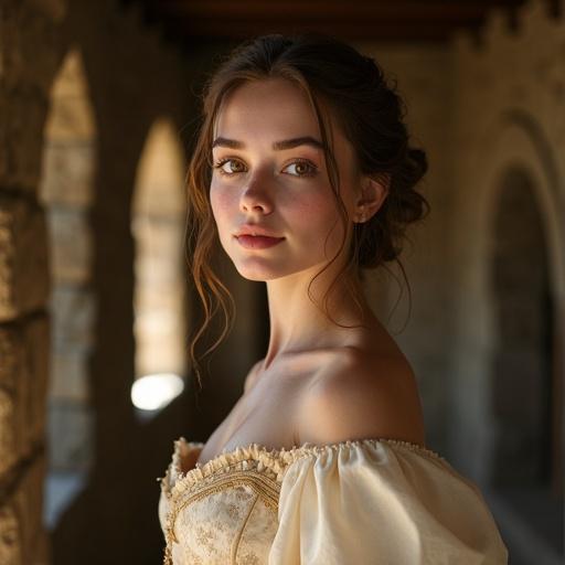 A young woman smiles serenely in a medieval fantasy world. She has warm almond-shaped brown eyes. Her skin is smooth and luminous. Chestnut brown hair is loosely styled. She wears an elegant gown made of fine fabrics. The rustic stone cottage creates a peaceful atmosphere.
