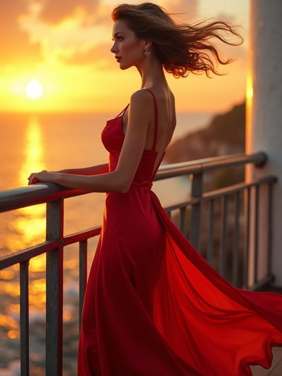 A woman wearing a flowing red dress leans against a lighthouse balcony during sunset. Hair blows in the wind. Sun sets over the ocean. Warm glow on the face. Vintage pin-up expression. Style resembles Rolf Armstrong. Bold colors and romantic lighting.