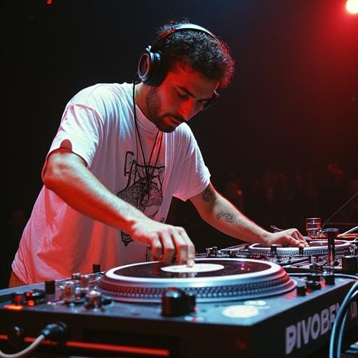 DJ performing live with turntables. Hands manipulating vinyl records. Showcasing DJ skills. Event takes place in 1992. High energy atmosphere at DJ competition.
