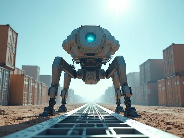 Cinematic live action scene. Robot stands on dusty ground. Background of silver metal container crates. Desert atmosphere with a clear blue sky. Robot features a glowing blue eye. Equipped with a gun on top. Four-legged design with military texture. Shot in 4k resolution.