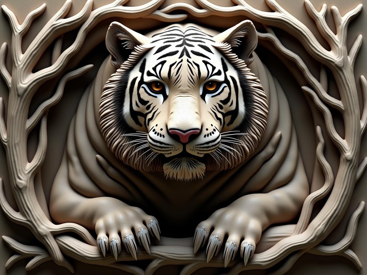 This image depicts a beautifully carved representation of a tiger emerging from a textured background. The tiger's face is detailed, showcasing its striking eyes and intricate fur patterns. Surrounding the tiger are intertwined tree branches and roots, adding depth to the sculpture. The color palette is monochromatic, leaning towards earthy tones, enhancing the natural theme. Overall, the artwork evokes a sense of strength and vitality while seamlessly blending with the natural elements around it.