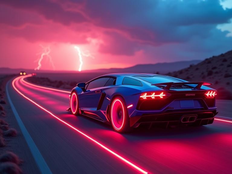 Futuristic Lamborghini on a desert road at sunset. Car has laser light wheel rims. Thunderstorm in the background creates a dramatic atmosphere. Fog and rain effects enhance the scene. The car leaves a vibrant 7-line laser light trail. Scene is inspired by Cyberpunk visuals and Tron aesthetics.