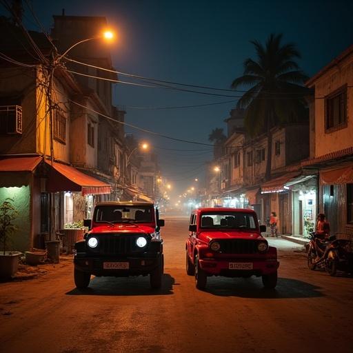 Dimly lit neighborhood street at night. Two red Mahindra Thars parked next to each other. Warm street lights illuminate the scene. Quiet atmosphere with hints of celebration. Neighborhood showing a mix of residential and local shops. Few people visible in the background, creating a community vibe. Cozy yet vibrant setting.