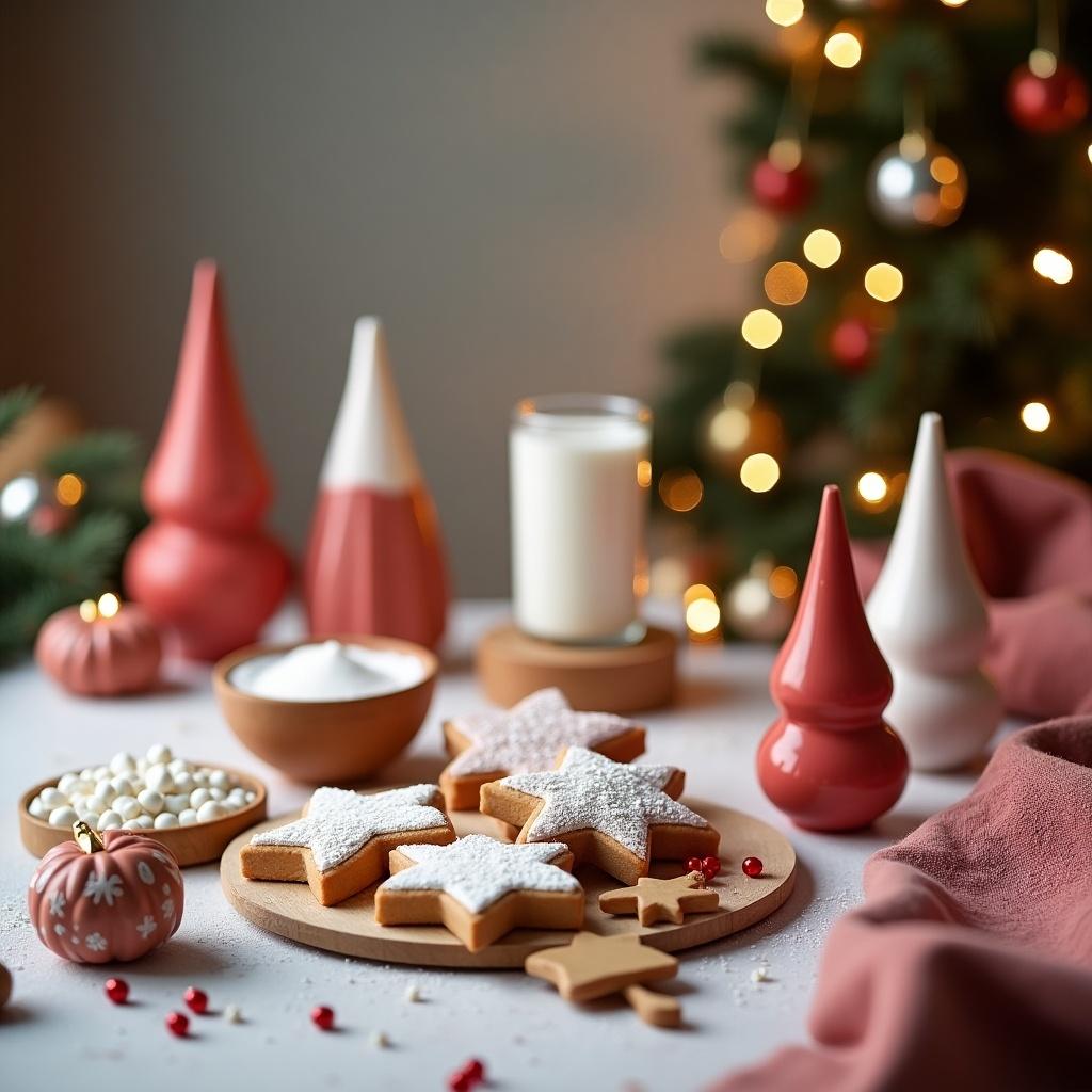 Cozy winter-themed table decorated for holiday baking. Display includes colorful Christmas decorations, star-shaped cookies, milk, and baking ingredients.