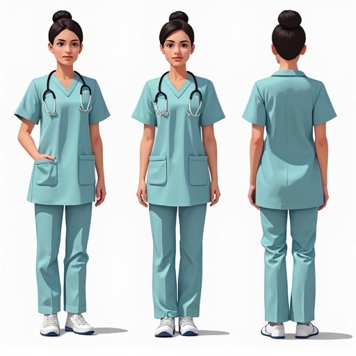 Concept art of a nurse presented in different angles. Female character displays uniform consisting of a short sleeve top and pants. Stethoscope around neck. Views include front, side, and back perspectives.