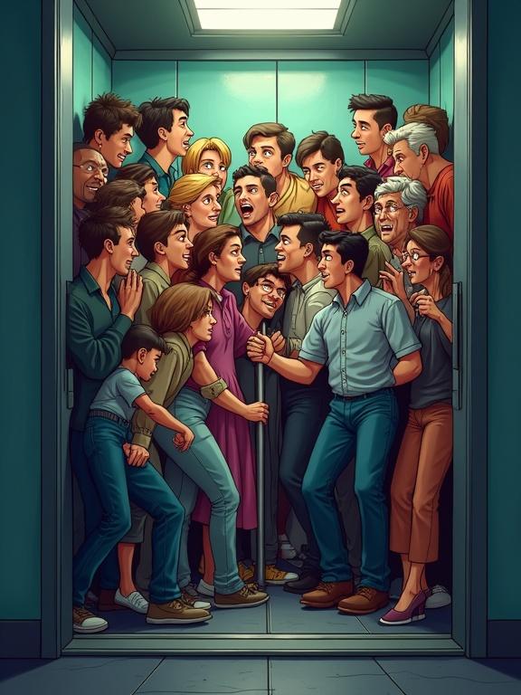 Cartoon-style cramped elevator with nervous people packed tightly together. They have exaggerated expressions. The scene shows humor in claustrophobic situations. Soft lighting enhances the atmosphere.