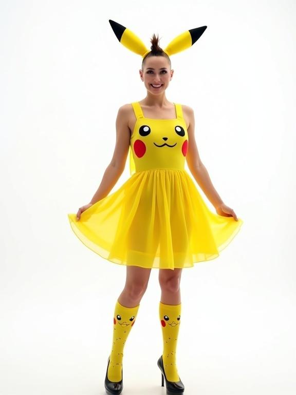 Photograph of a woman standing wearing a Pikachu themed outfit. The dress is sheer yellow with Pikachu face and black-tipped ears. Knee-high socks with Pikachu faces. The background is white with no distractions. Artificial lighting is even. The composition is playful and cosplay-inspired. The woman's hair is styled in a mohawk, and she smiles confidently while holding the skirt.