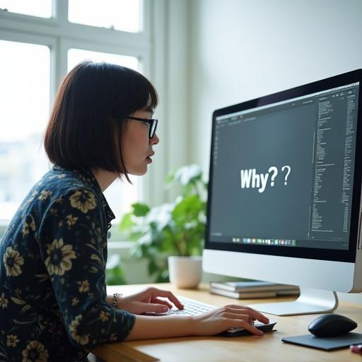 A young Japanese woman works in a bright office space. She is a web designer with a puzzled expression. The screen shows the word 'Why?'. She is wearing glasses and a stylish graphic top. Her hand hovers over the mouse, and the desk has design tools. It's daytime with good lighting.
